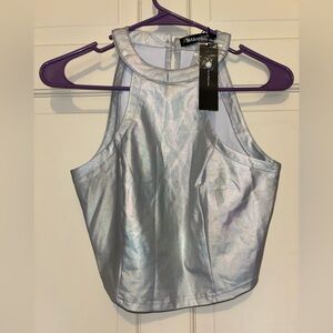 Shiny Iridescent Silver Crop Top shirt racer tank party neutral travel holiday